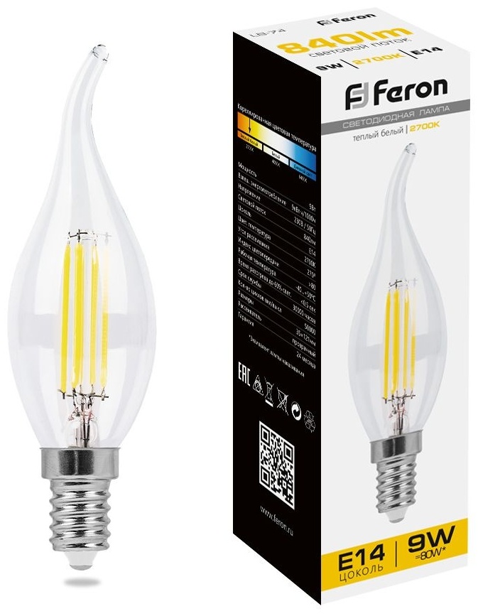Feron 9W Е14, светодиодная, филаментная, теплый белый