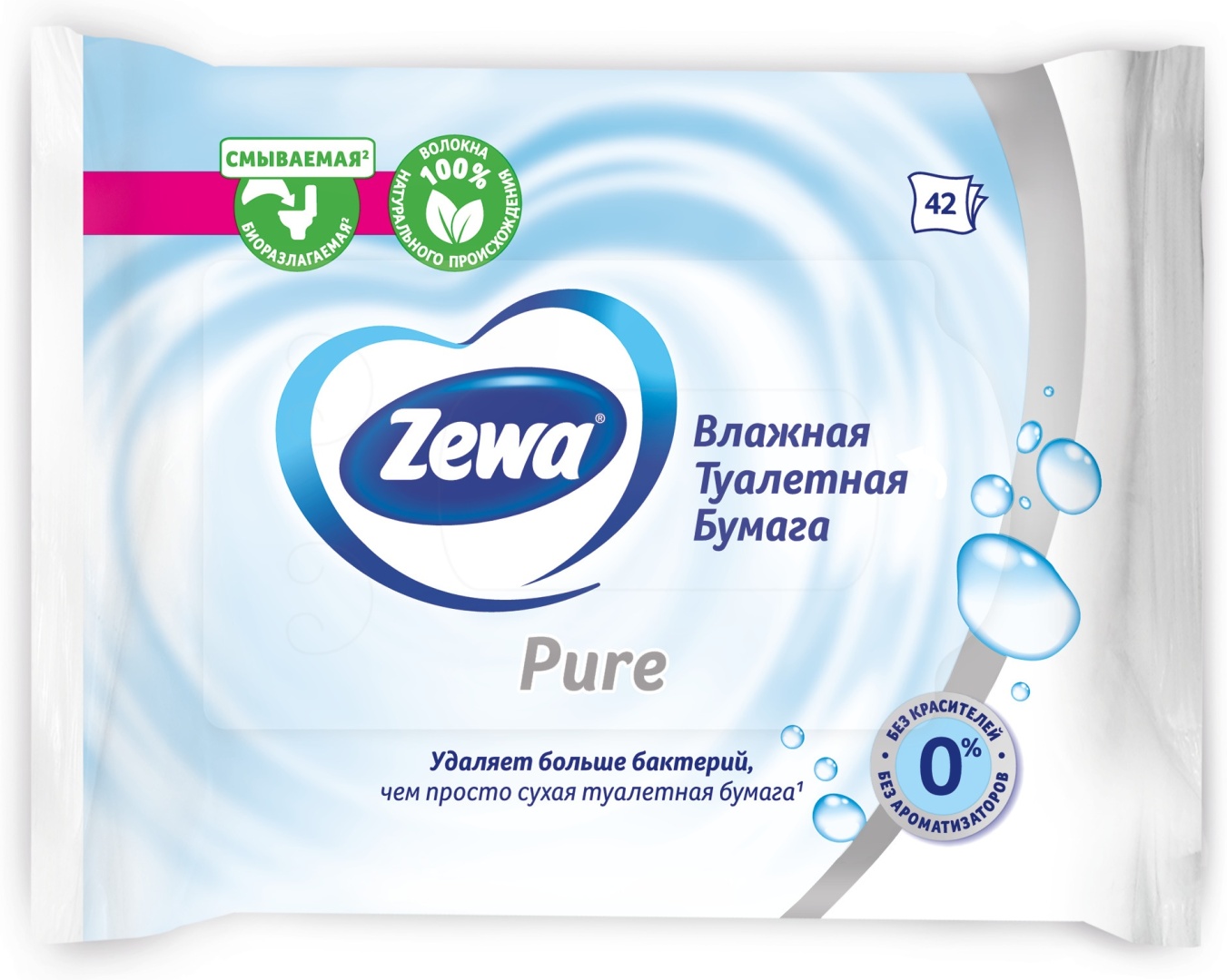 Zewa, влажная туалетная бумага, Pure - без запаха, 1-слойный 42 шт, первичная целлюлоза