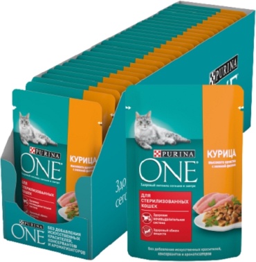 Purina One для стерилизованных кусочки в желе курица, фасоль 75 г 26 шт