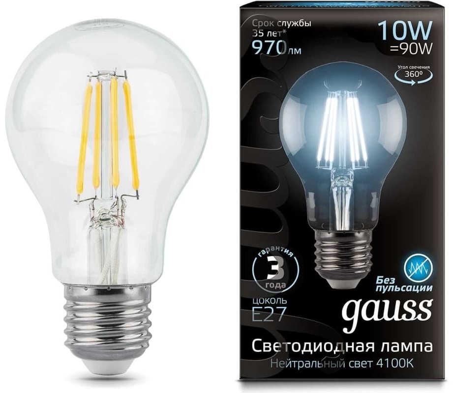 Gauss 10W E27, филаментная, нейтральный белый