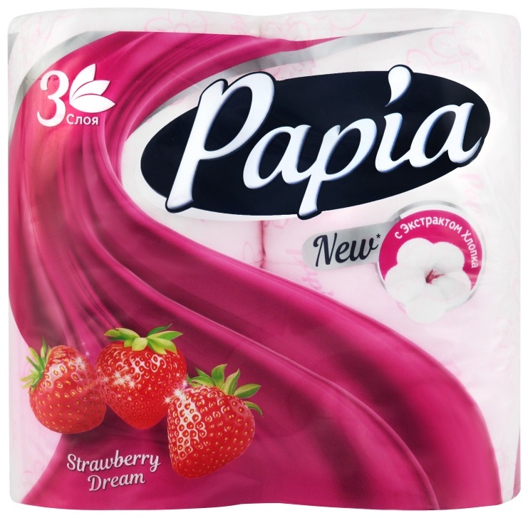 Papia туалетная бумага Strawberry Dream 3-слойный 4 шт, первичная целлюлоза