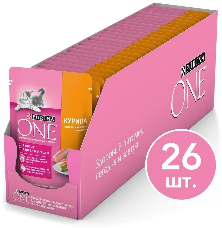 Купить Корм Purina One кусочки в соусе курица, морковь 75 г 26 шт в ...