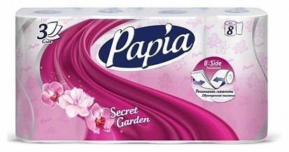 Papia туалетная бумага 3-слойный 8 шт, первичная целлюлоза