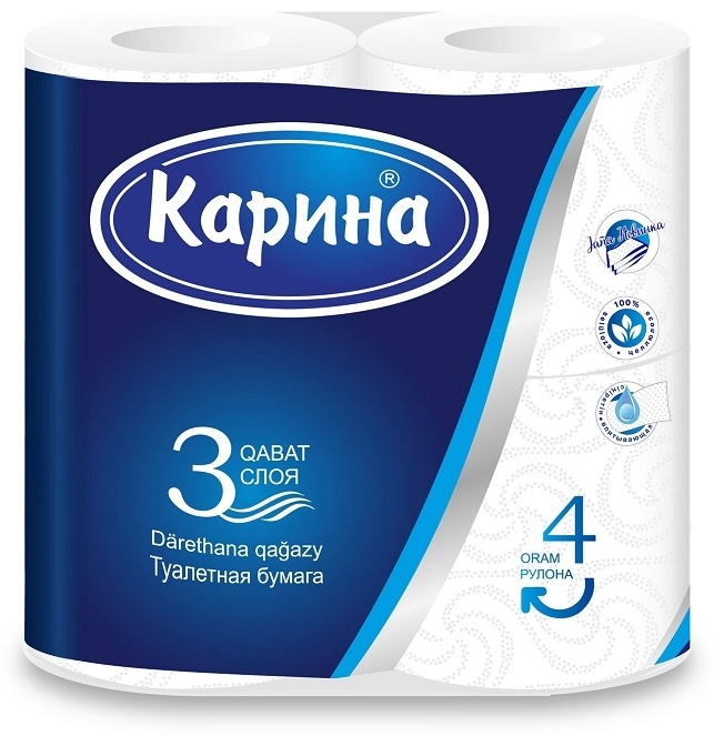 Карина туалетная бумага 3-слойный 4 шт, первичная целлюлоза