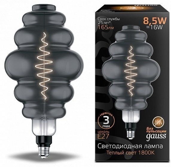 Gauss 8.5W E27, филаментная, теплый белый