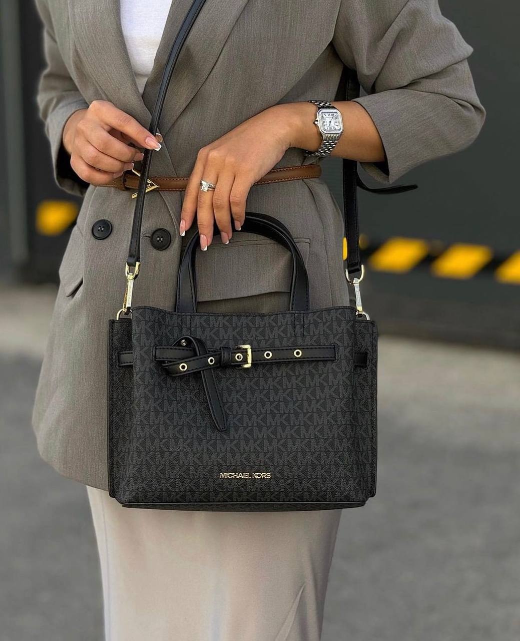 Сумка тоут Michael Kors натуральная кожа, канвас черный, серый