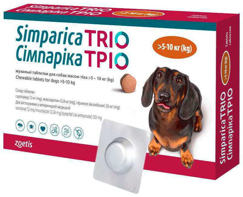 Купить Средство Zoetis Симпарика TRIO 5-10 кг от блох, от клещей, от ...