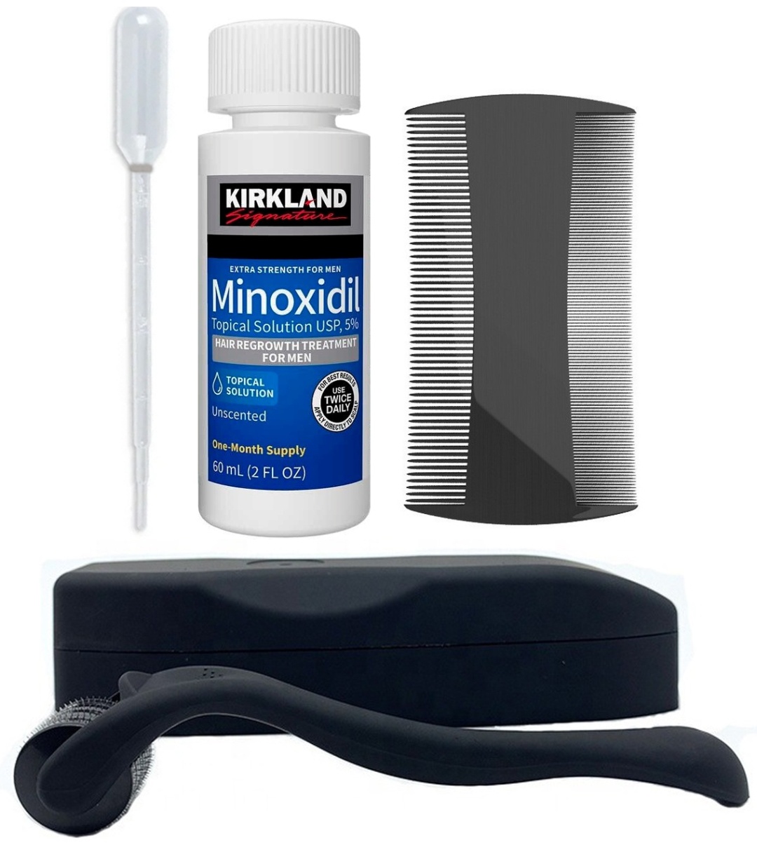 Kirkland Minoxidil 5% мезороллер матовый, мини пипетка, расческа лосьон 60 мл