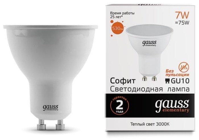 Gauss 7W GU10, светодиодная, теплый белый