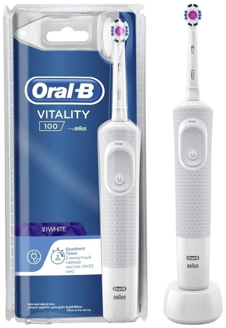 Oral-B электрическая щетка Vitality 100 3D white щетина средняя белый