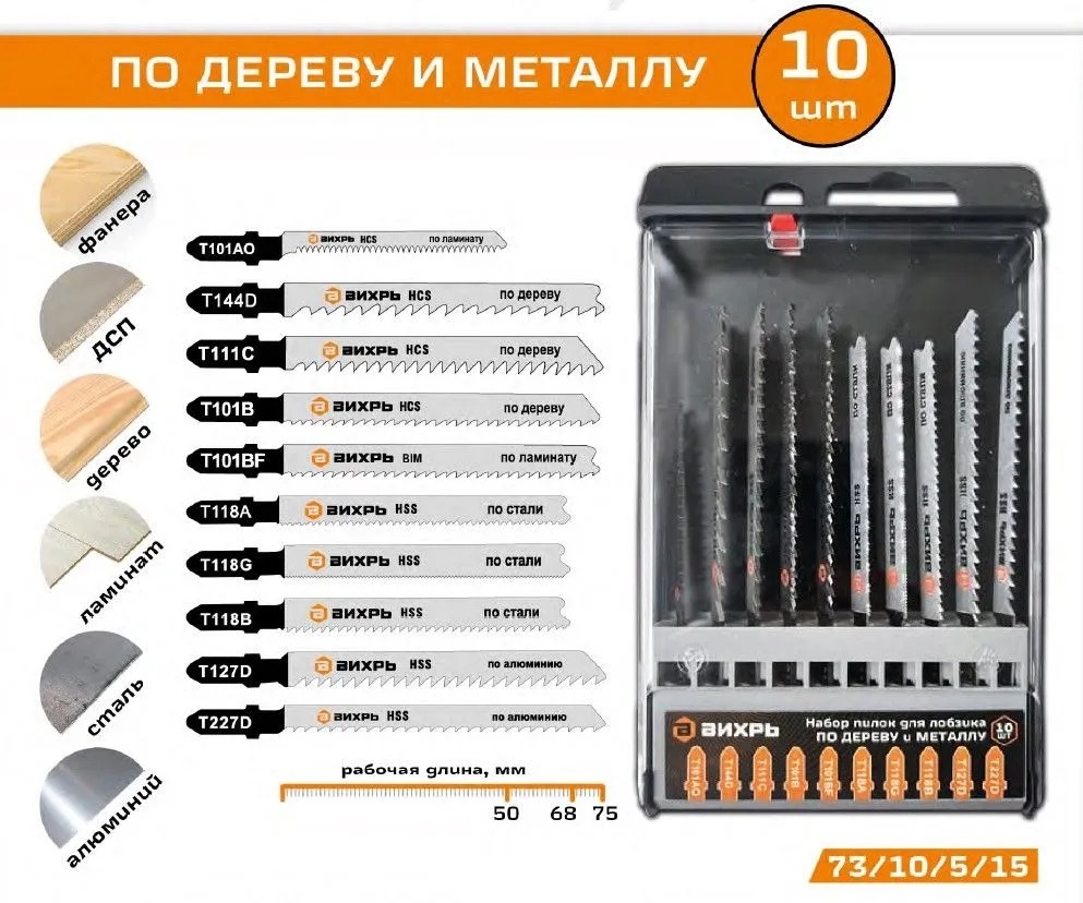 Пилки для лобзика универсальные 10 шт. ВИХРЬ 73/10/5/15