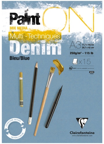 Скетчбук - альбом для смешанных техник 15л., А3 Clairefontaine "Paint ON Denim Blue", на склейке, джинсовый, 250г/м2