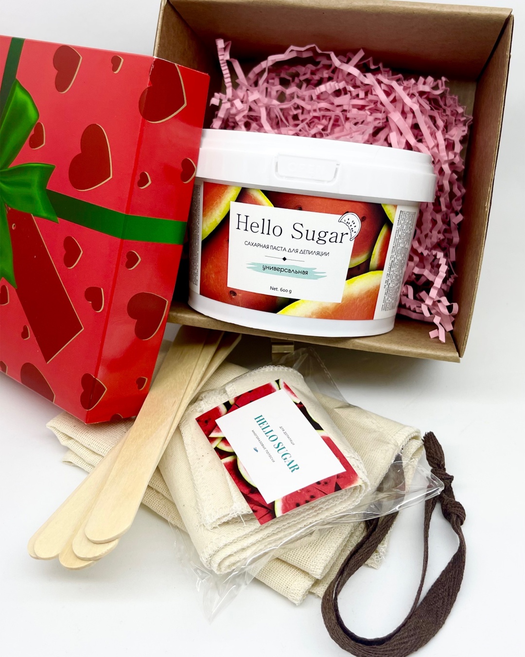 Набор Hello Sugar шпатель, паста для шугаринга, полоски для депиляции