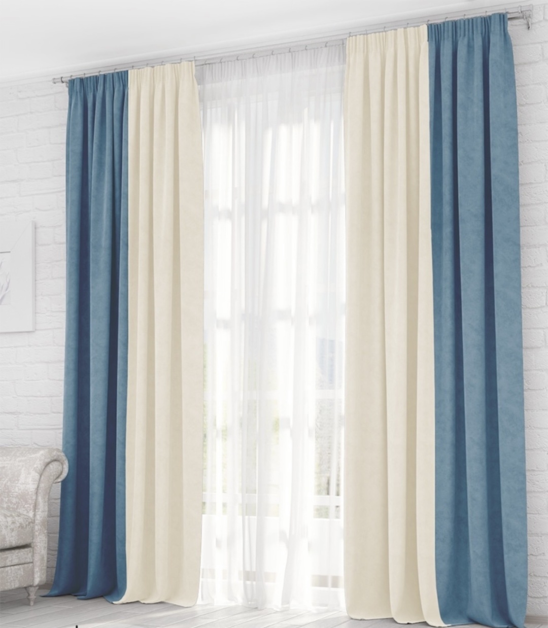 Портьеры Home Textile 400x275 см 2 шт, сетка, велюр, голубой, белый