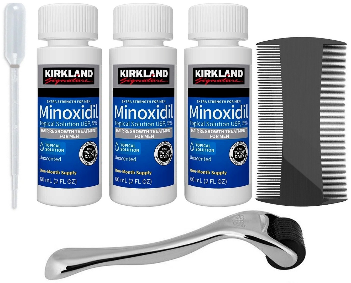 Kirkland Minoxidil 5% мезороллер серебристый, мини пипетка, расческа лосьон 3 шт по 60 мл