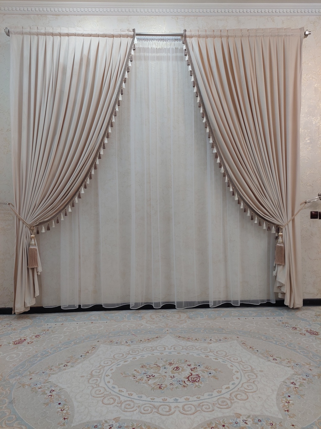 Комплект 560x280 см 3 шт, тюль, велюр, бежевый