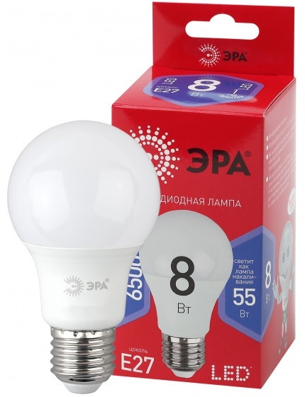 ЭРА 8W E27, светодиодная, холодный белый