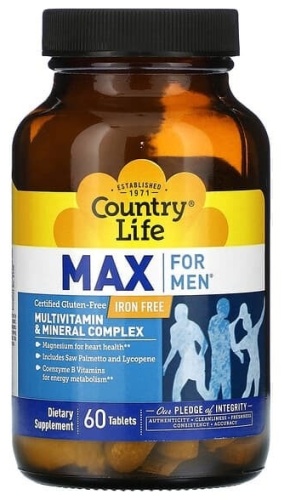 Country Life Max for Men, мультивитаминный и минеральный комплекс, без железа таблетки 60 шт