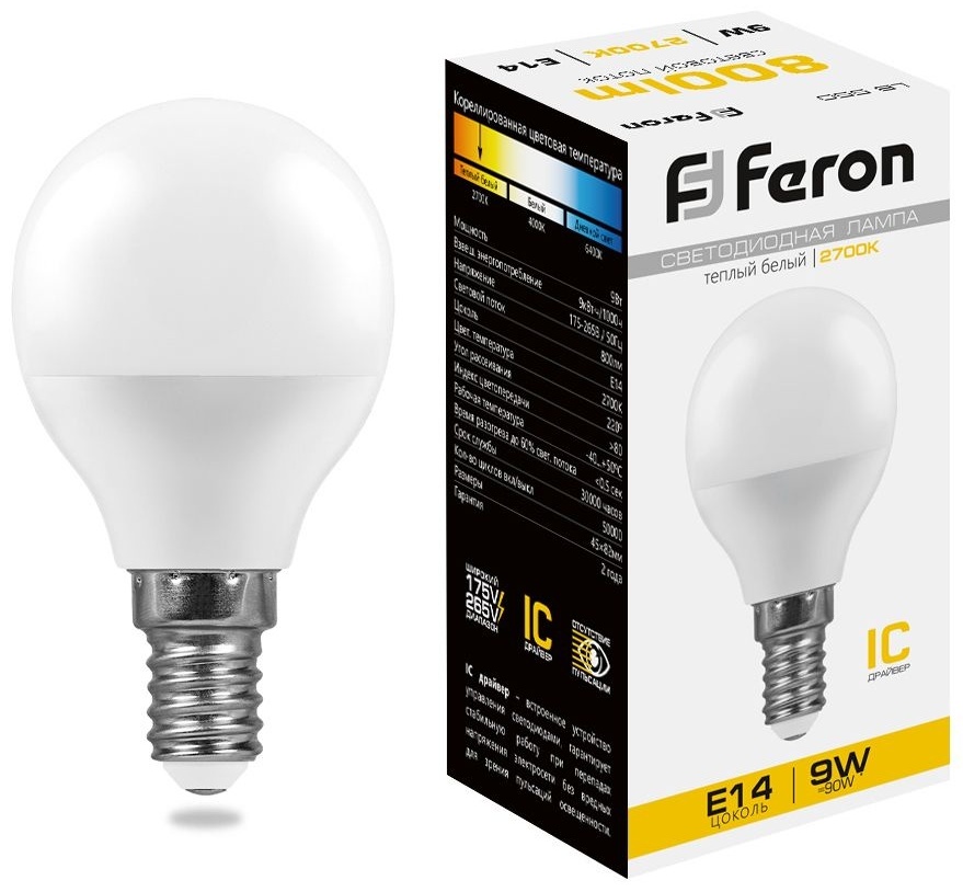 Feron 9W Е14, светодиодная, теплый белый