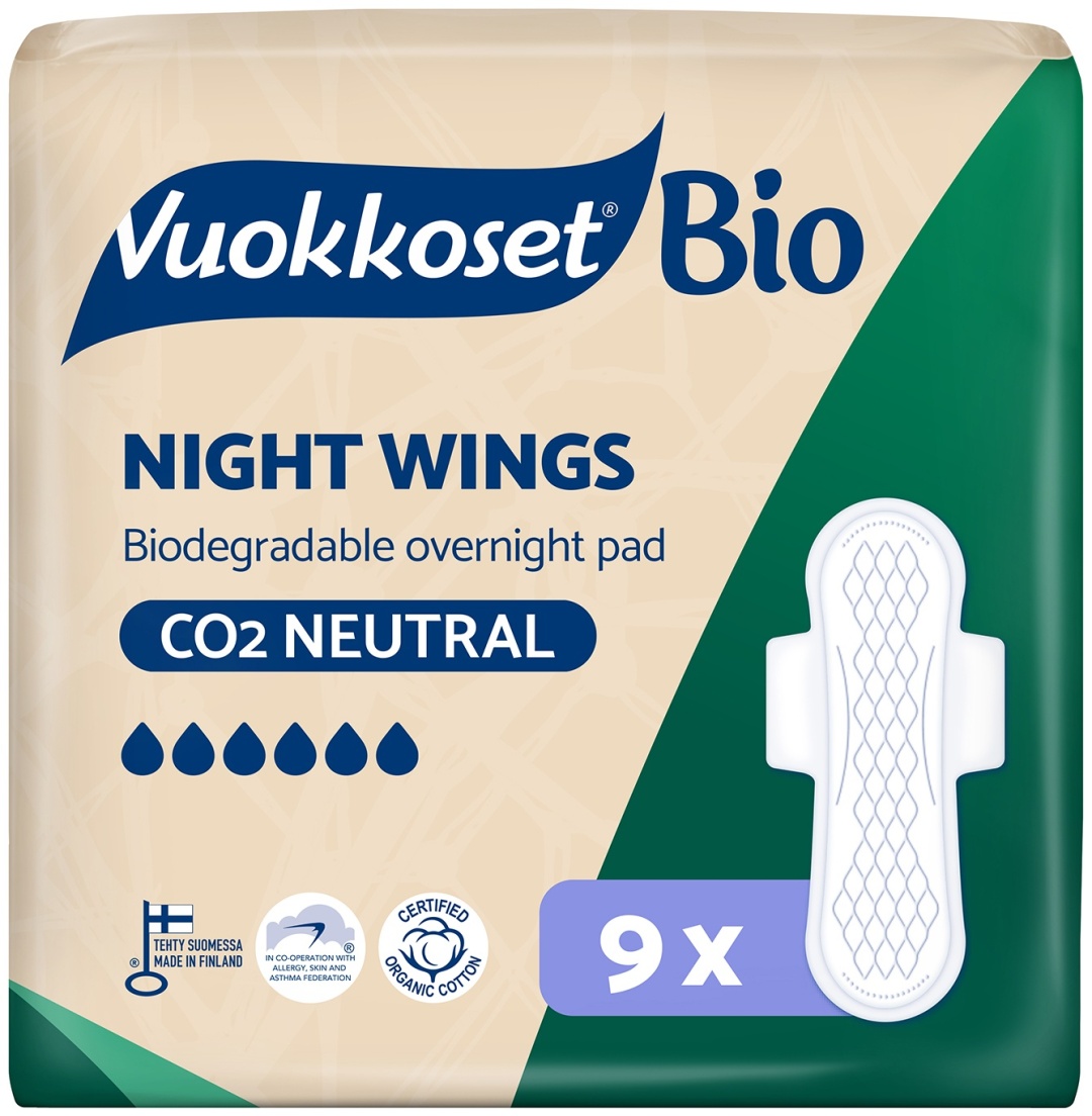 Ночные прокладки Vuokkoset Bio Night Wings гипоаллергенные с крылышками, 6 капель, 9 шт