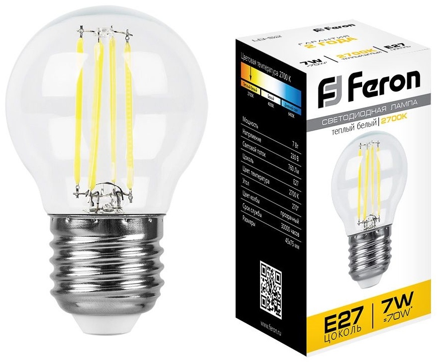 Feron 7W E27, светодиодная, теплый белый