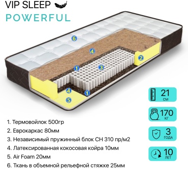 Матрас VIP SLEEP POWERFUL, 160x190x21 см