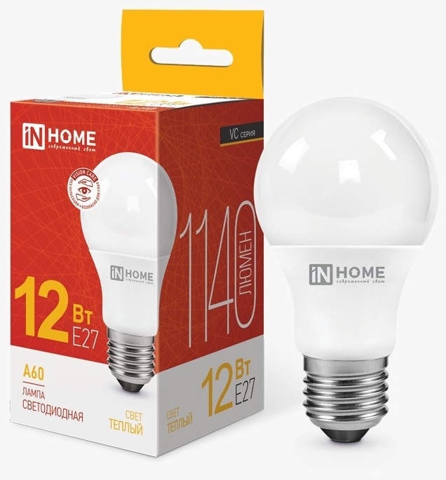 IN HOME 12W E27, светодиодная, теплый белый