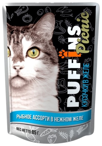 PUFFINS кусочки в желе анчоусы, минтай, сардина 85 г 1 шт