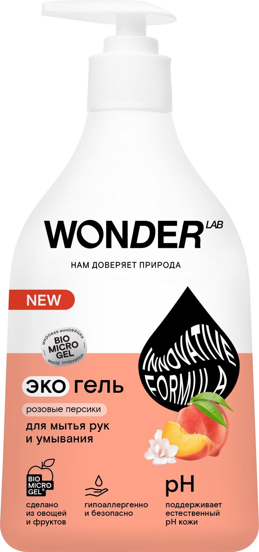 Жидкое мыло туалетное WONDER LAB Экогель для мытья рук и умывания Розовые персики 540 мл