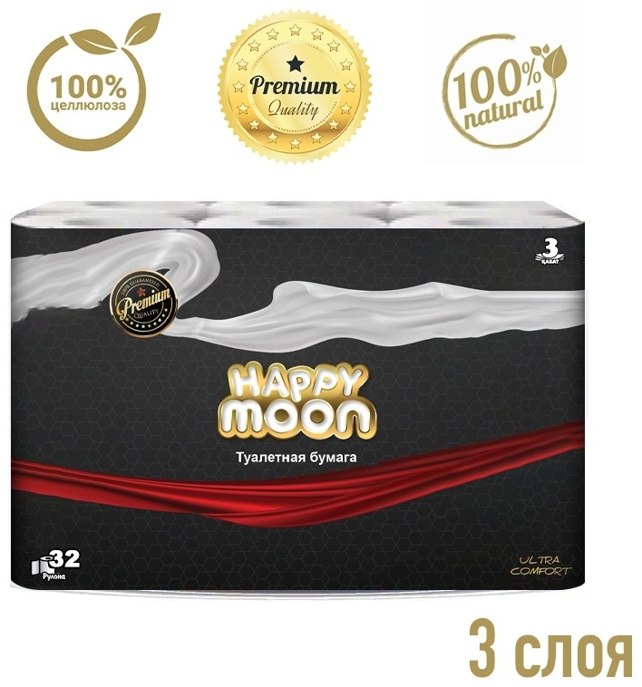 Happy Moon туалетная бумага 3-слойный 32 шт, первичная целлюлоза