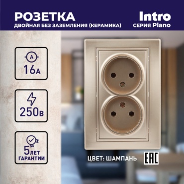 Розетка Intro Plano 1-204-04 без заземления двойная 2х2P, Б0053909, золотистый