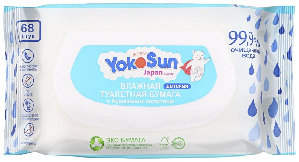 Yokosun влажная туалетная бумага 1-слойный 68 шт, вторичная целлюлоза
