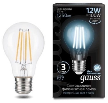 Gauss 12W E27, светодиодная, филаментная, нейтральный белый