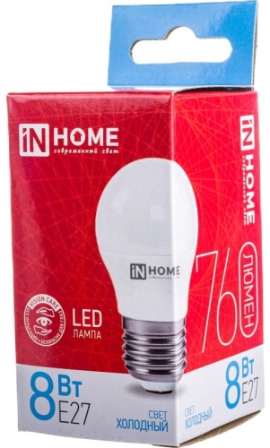 IN HOME 8W E27, светодиодная, холодный белый