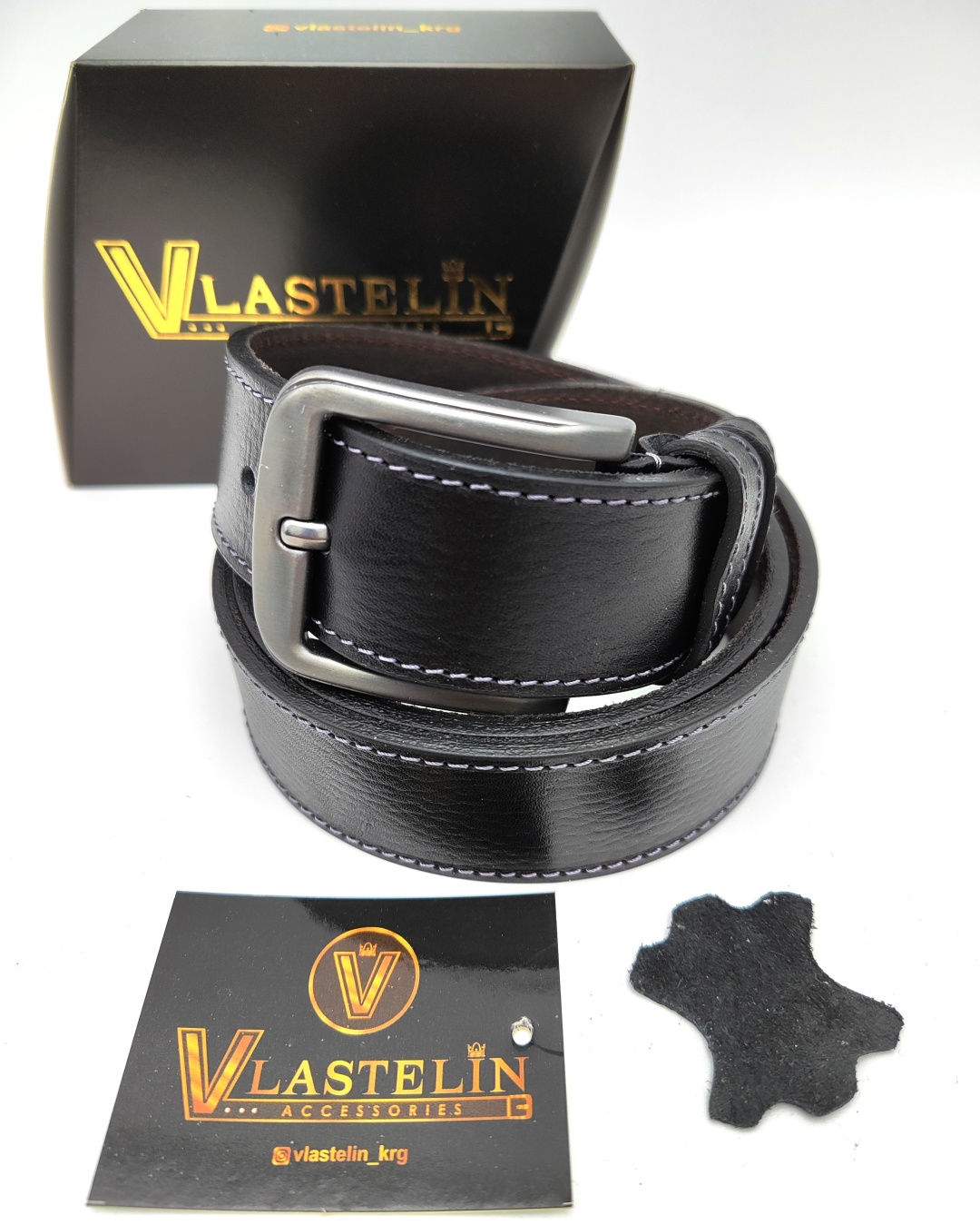 Ремень Vlastelin металл, натуральная кожа 130 см черный
