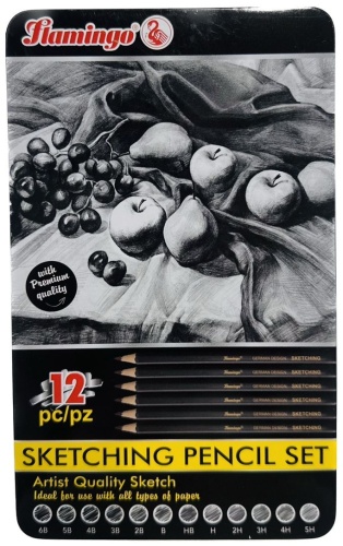 Flamingo Sketching Set F-800, 12 шт, твёрдость 2B, 3B, 4B, 5B, 6B, B, H, HB, 2H, 3H, 4H, 5H