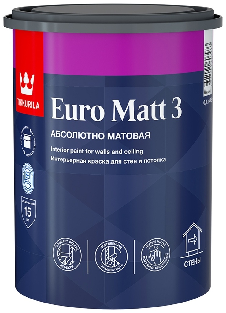 Краска Tikkurila водно-дисперсионная EURO MATT 3 A 0.9 л, белый цвет