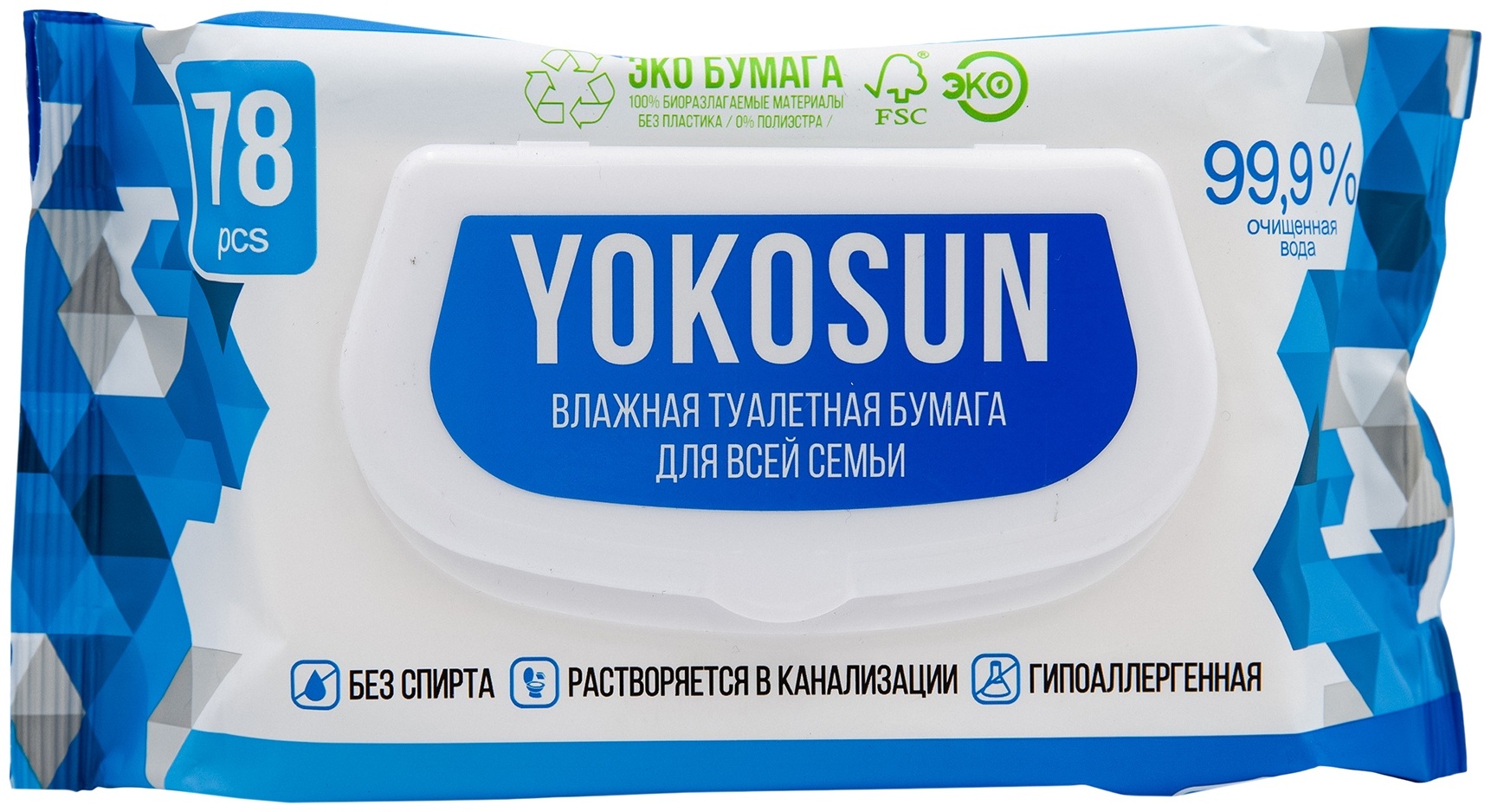 Yokosun влажная туалетная бумага 1-слойный 78 шт, вторичная целлюлоза