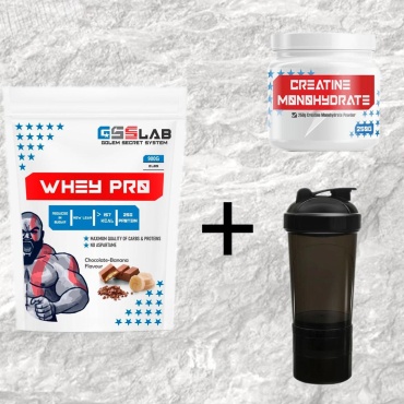 GssLab Whey Pro 900 г Шоколад-Банан + GssLab Creatine Monohydrate 300 г + шейкер шоколад 900 г