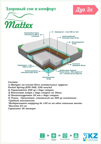 Матрас Mattex Дуо3х, 100x195x25 см