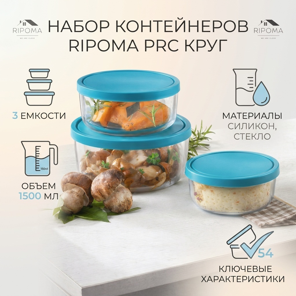 RIPOMA WE ARE CLOSE набор контейнеров prc круг 3 шт, силикон, стекло