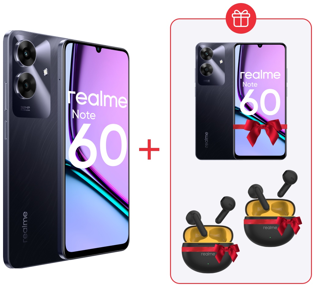 Смартфон Realme Note 60 4 ГБ/128 ГБ черный + Realme Note 60 4 ГБ/128 ГБ + Realme Buds T01 черный х 2