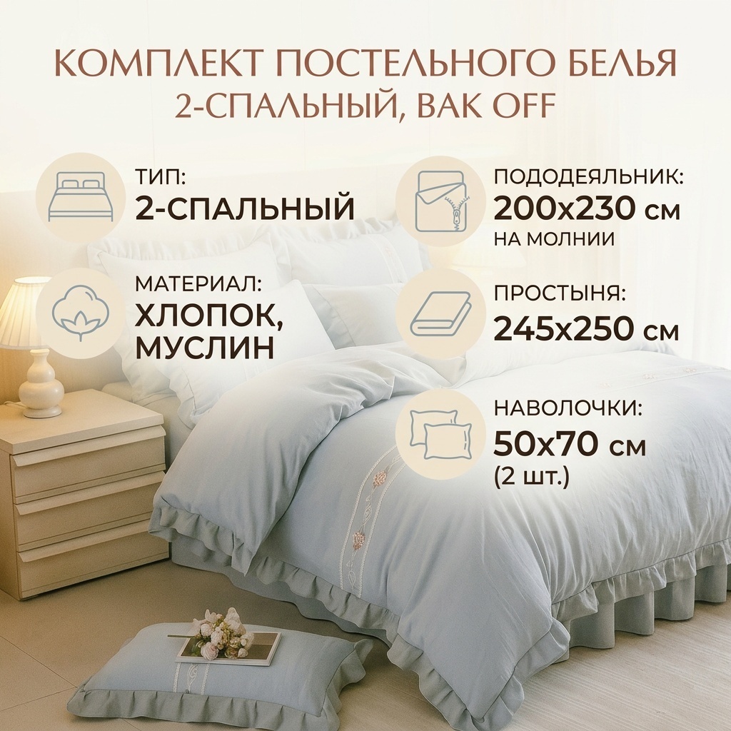 Комплект 01 2-спальный хлопок, муслин, 2 наволочки: 50x70 см