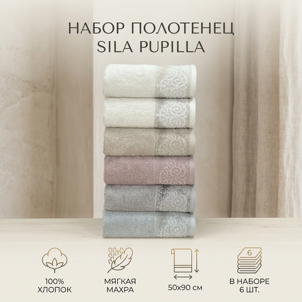 Набор полотенец Pupilla 90x50 см, хлопок, 6 шт,