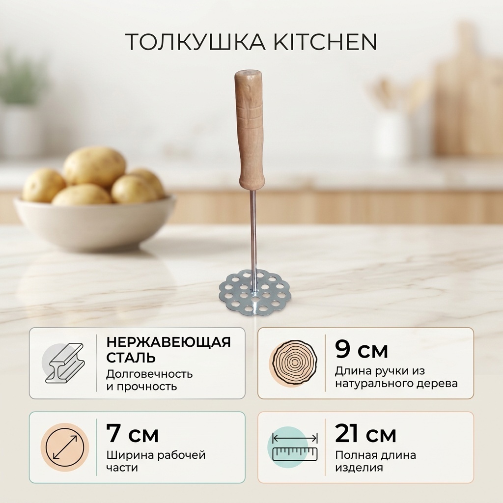 Толкушка Kitchen дерево, нержавеющая сталь, 1 шт