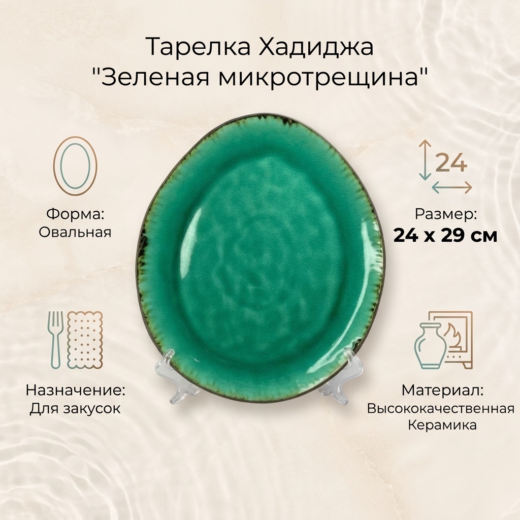 Тарелка Хадиджа Зеленая микротрещина 24x29 см, 1 шт, керамика