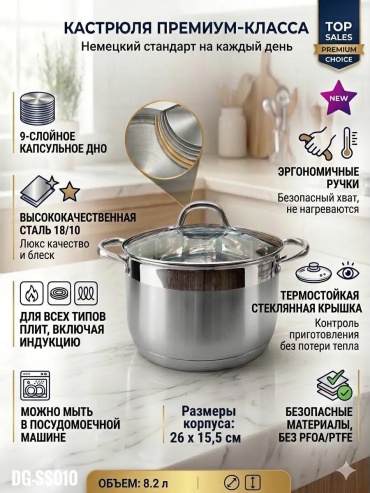 Кастрюля 8 л, wb34lpez4a нержавеющая сталь