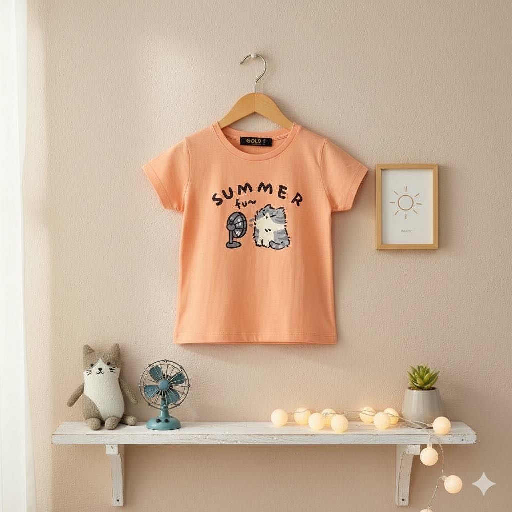 Футболка Ahtan brand Рисунок с котиком и надписью коралловый