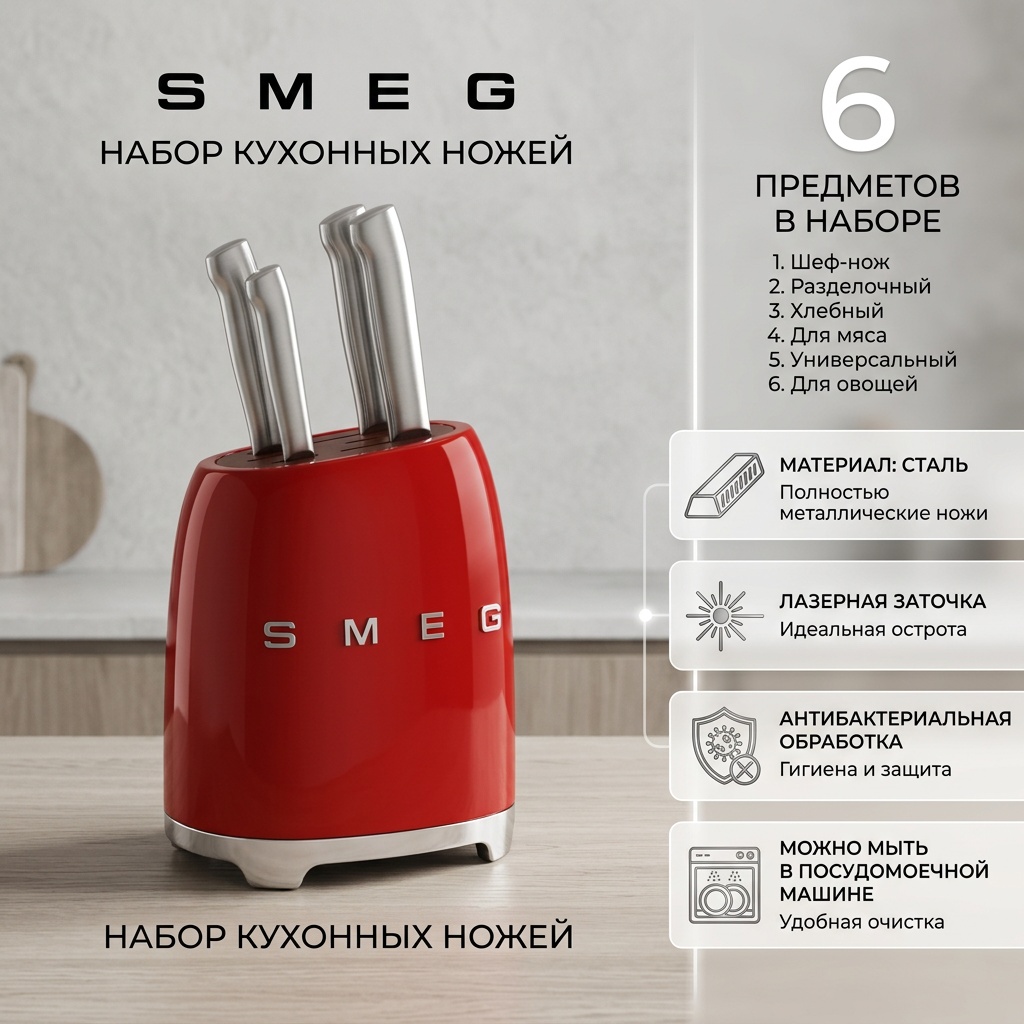 Нож универсальный Smeg PFT-22091U, лезвие: сталь 6 шт