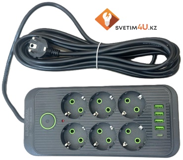 Удлинитель 6 розеток /4 usb/Type-C/с кнопкой, 5 м